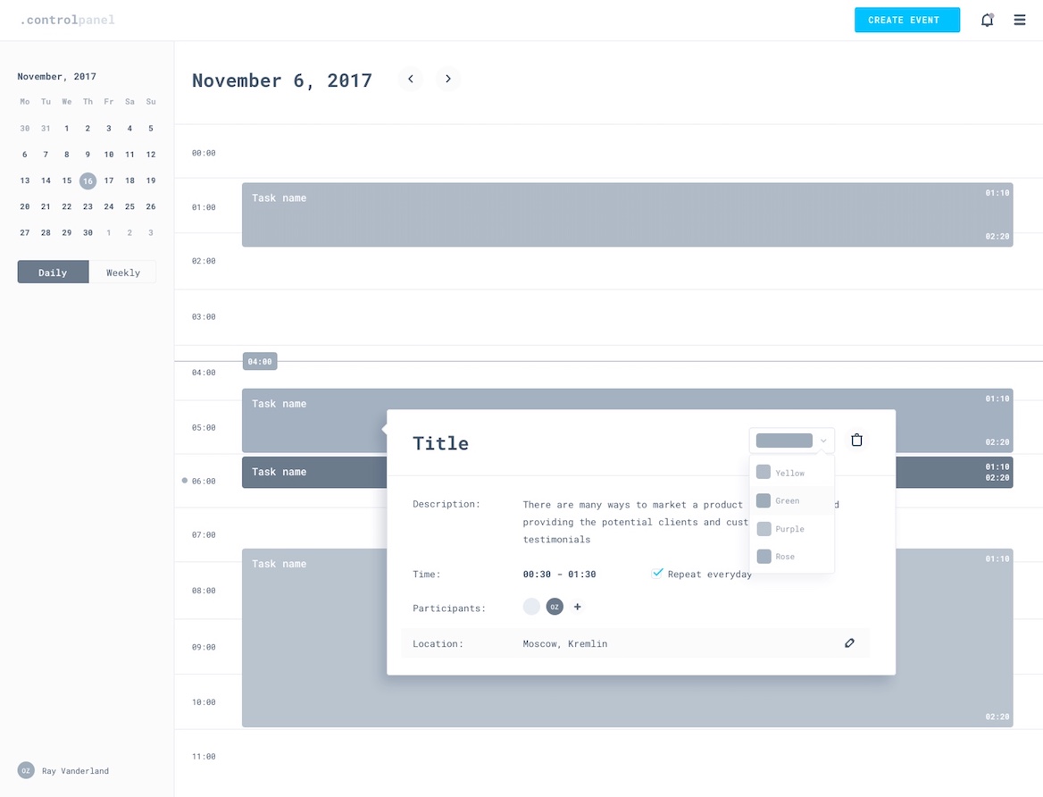 Wireframe color scheme for the Control Panel design system